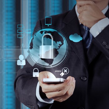 White translucent lock hovering over a phone that a man is holding.