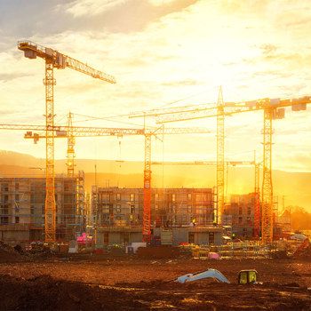 A commercial construction site at dusk with several tall cranes.