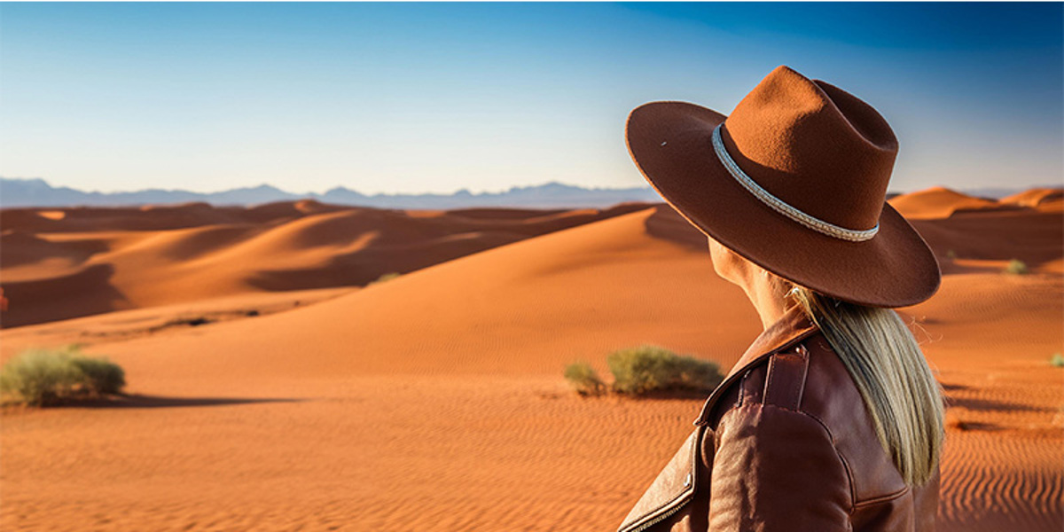 A woman in a tan hat staring out into the desert.