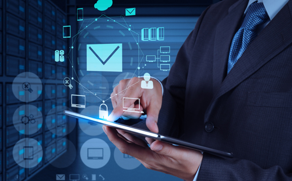 A stylized graphic of hands using a tablet behind floating icons of email and security.