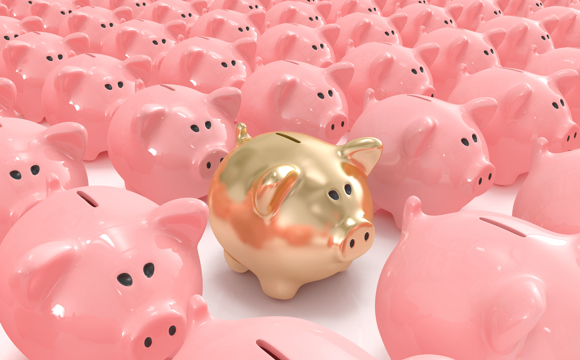 A gold piggy bank in a sea of pink piggy banks