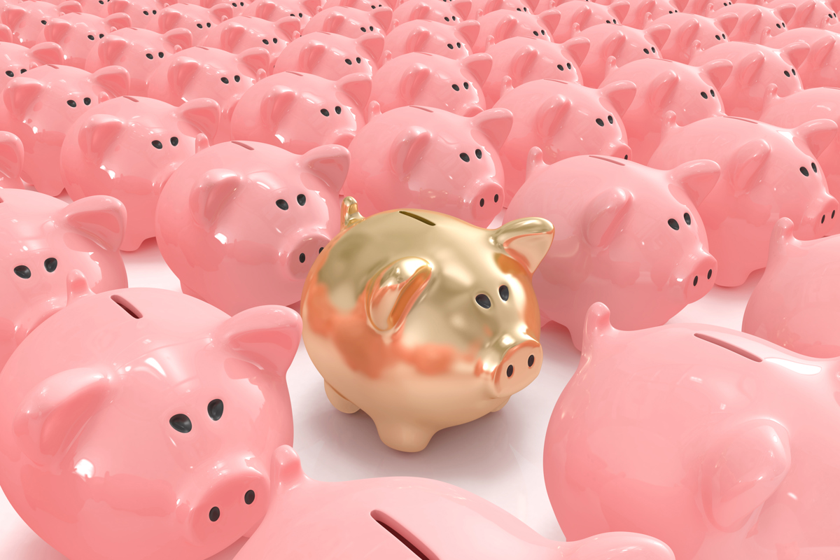 A gold piggy bank in the middle of a large group of pink piggy banks.